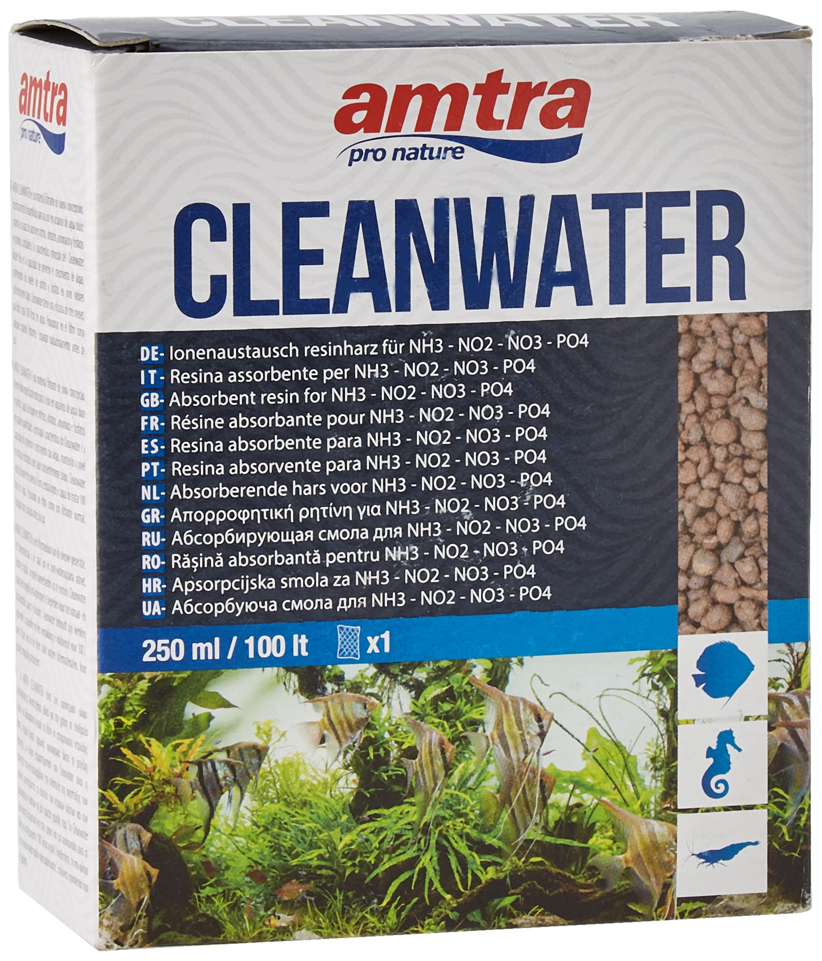 Amtra CLEANWATER - Absorbent Resin for organic pollutants (NH3 NO2 NO3 PO4) in freshwater and marine aquariums, Format 250 ml