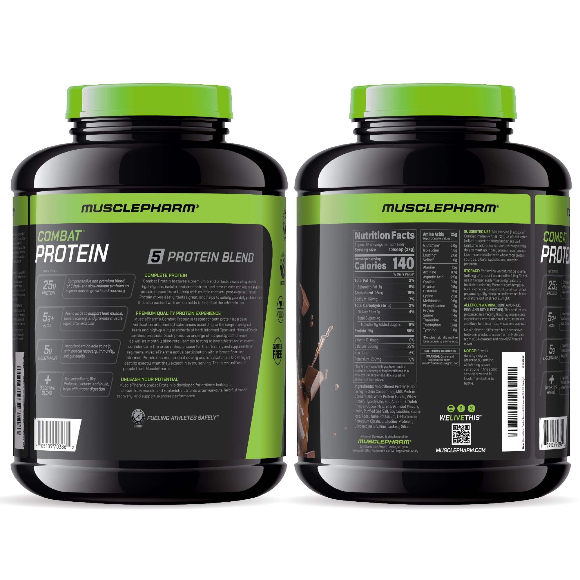 MusclePharm Combat Protein Powder, Chocolate Milk Flavor, Fuels Muscles for Productive Workouts, 5 Protein Sources Including Whey Protein Isolate & Egg Albumin, Gluten Free, 4.2 lb, 52 Servings