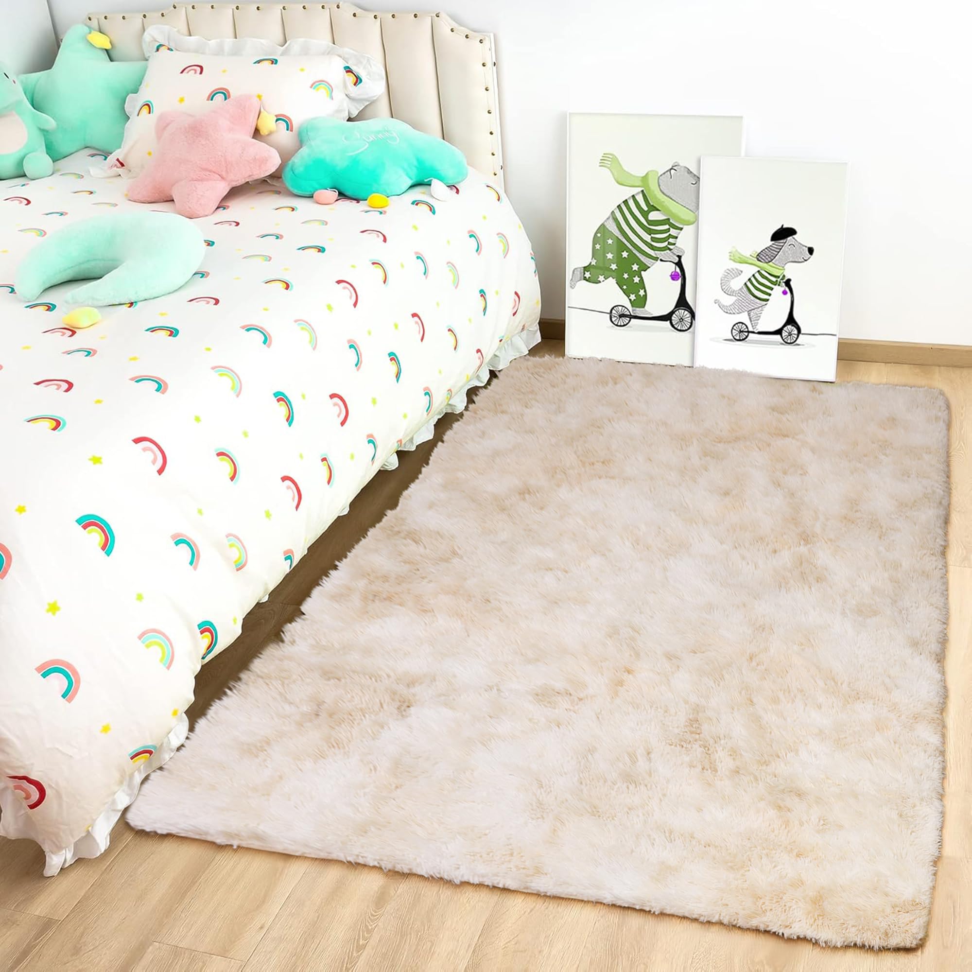 Oxford Homeware Rugs Living Room Small 50x80 CM – Tie-Dye Cream Area Rugs for Bedroom Anti Slip – Modern Super Soft Plush Carpets Fluffy Shaggy Rug for Lounge – Non Shedding Bedside Rug for Kids Room