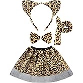 Coume 4 Pieces Leopard Costume for Kids Girls Cheetah Costume Accessories Animal Cat Costumes Set Include Ears Headband Bow Tie Tail Tutu Skirt Halloween Cosplay Party Accessories(Leopard)