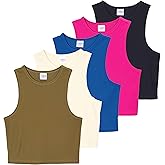 Real Essentials 5 Pack: Women’s Ribbed Crop Tank Tops Sleeveless Racerback Workout, Yoga, Athletic & Casual Shirts