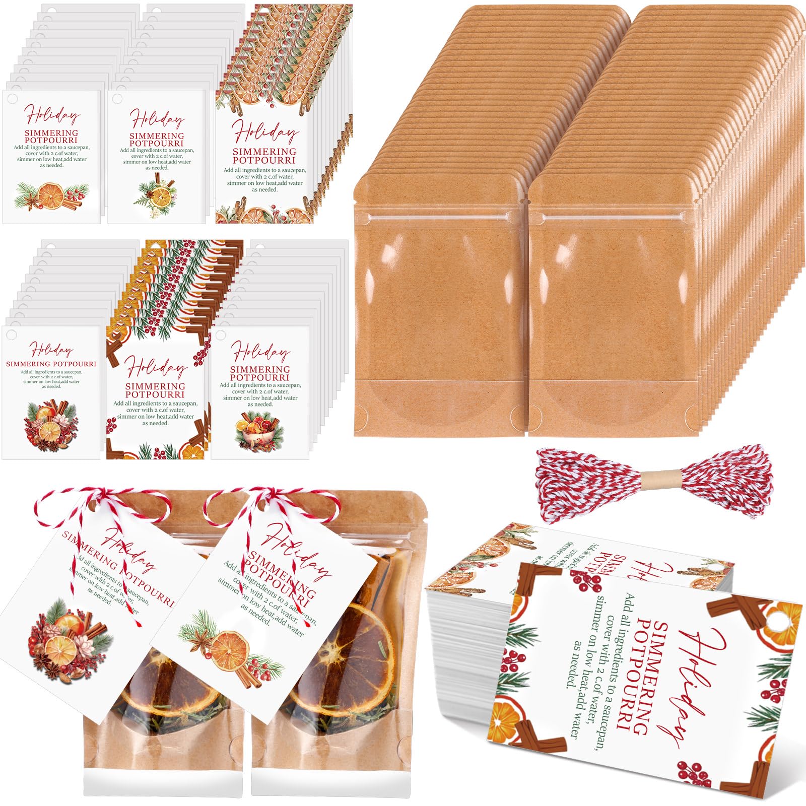Photo 1 of Gueevin 60 Pcs Christmas Stovetop Potpourri Gifts Kraft Paper Pouch Resealable Pouches Bags with Window Simmer Instruction Stovetop Potpourri Paper Tags and Rope for Teacher Neighbor(Small Size)