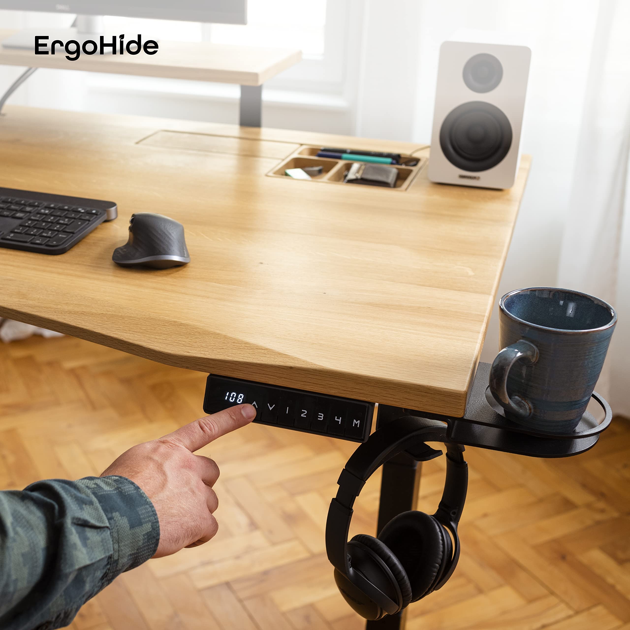 ErgoHide® Höhenverstellbarer Schreibtisch aus Massivholz mit erweitertem Kabelmanagement/Kabelkanal (Eiche, Schwarz, Ergonomisch, 150x80cm) 7