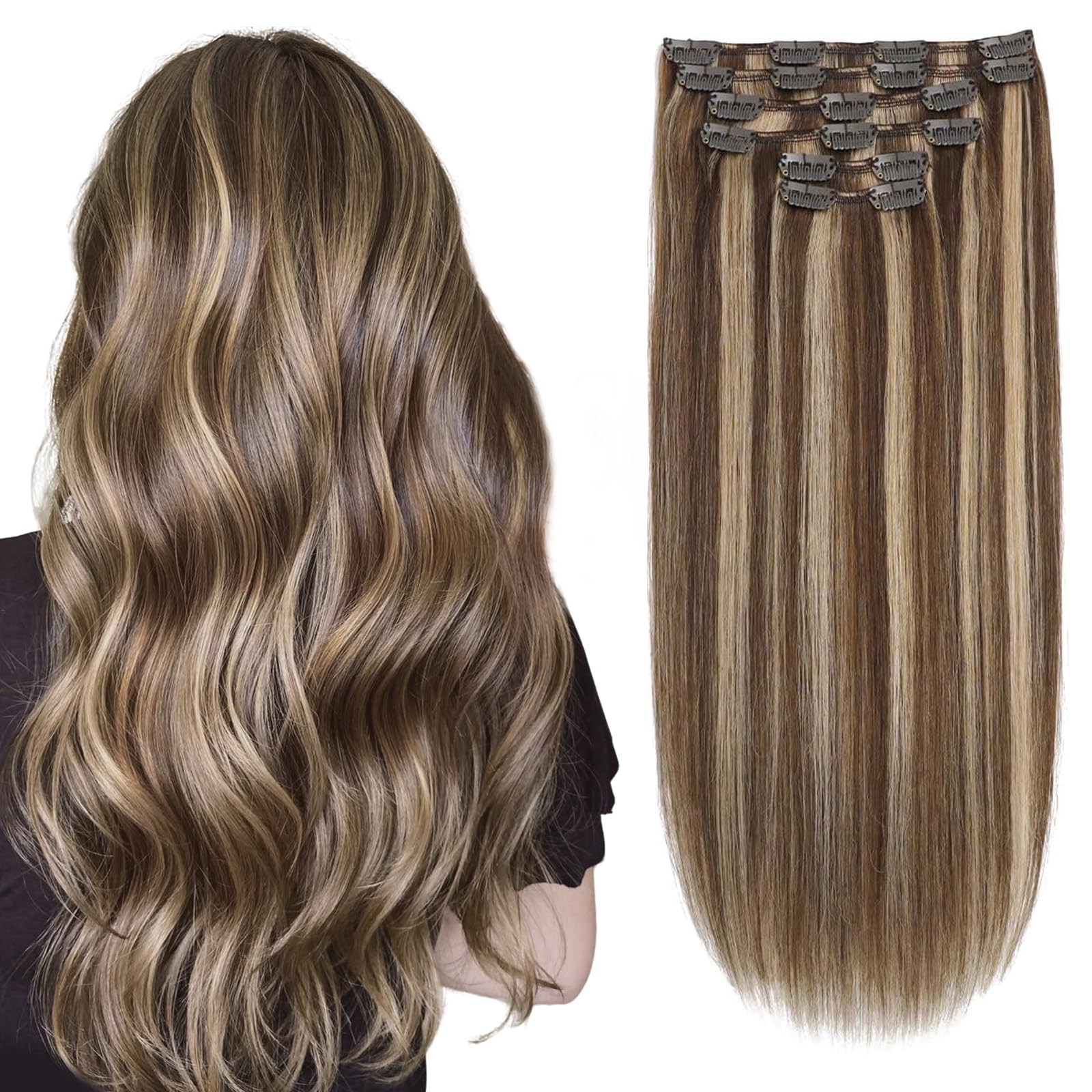 Clip In Hair Extensions Human Hair,100g 14 Inch Balayage Chocolate Brown to Caramel Blonde Hair Extensions,6 Pieces Straight Natural Human Hair Clip in Extension for Women #4/27,14" — image 1