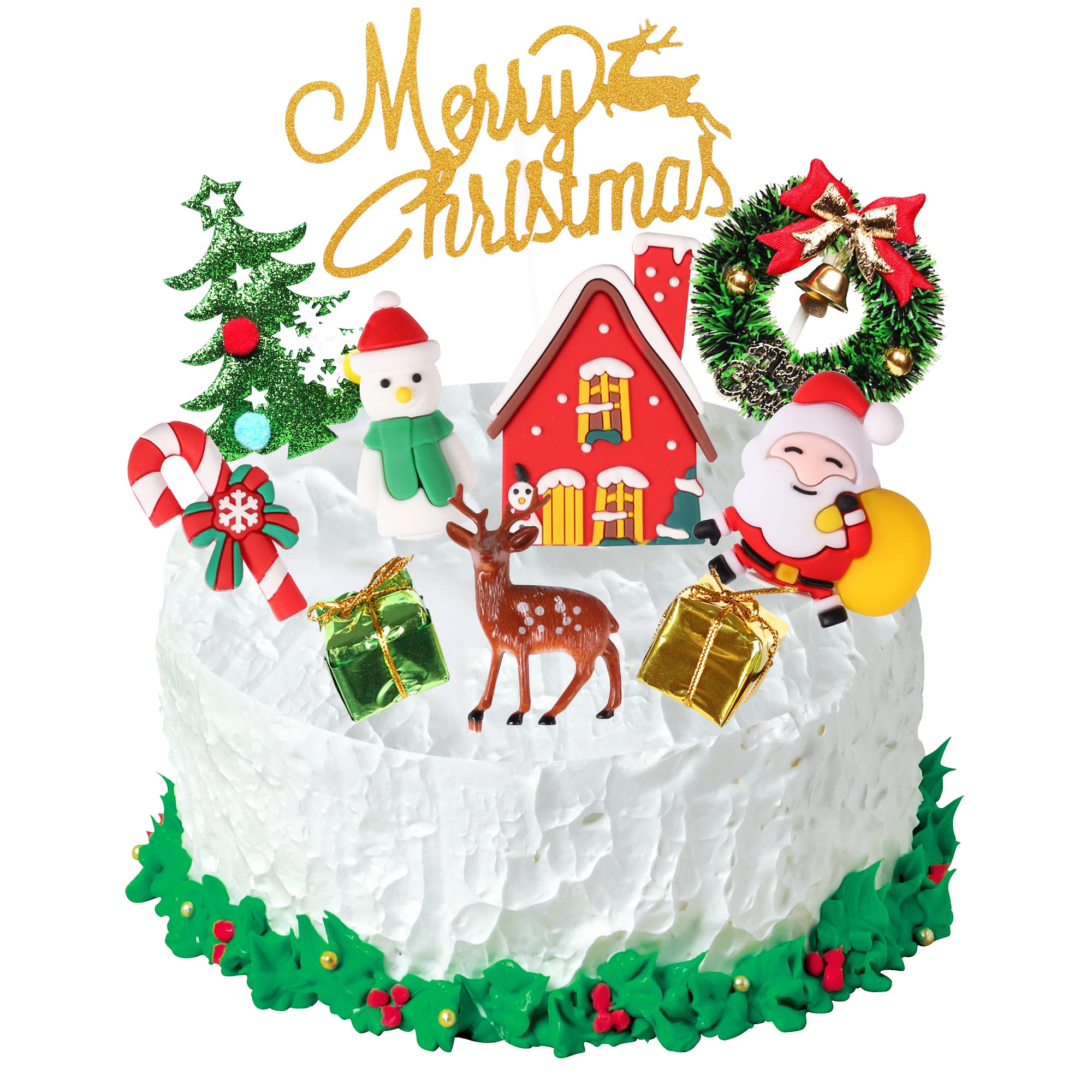 Christmas Cake Topper, HCSSZ 10PCS Merry Xmas Cupcake Decorations with Christmas Tree, Santa, Snowman,Reindeer, Candy, Cake for Xmas Party Ornaments Decoration Supplies