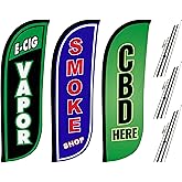 LookOurWay Smoke Shop Themed Feather Flag Pole Kit 3-Pack - 5 Feet Tall Vape Shop Advertising Flags with 3 Banners, 3 Pole Sets, and 3 Ground Spikes (E-Cig Vapor, Smoke Shop, CBD Here)