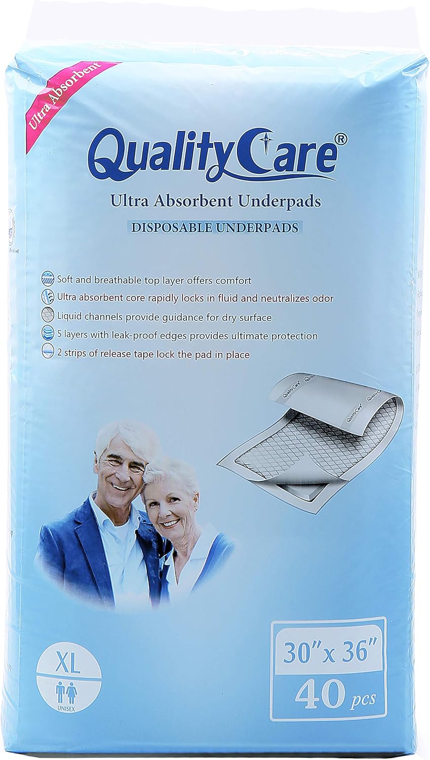 QualityCare Ultra Absorbent Adult Disposable Underpads for Incontinence, Extra Large Size (40 Count - 30"x36"), with Adhesive Tapes at Back for Anti-Slippery (40 Count): Health & Personal Care