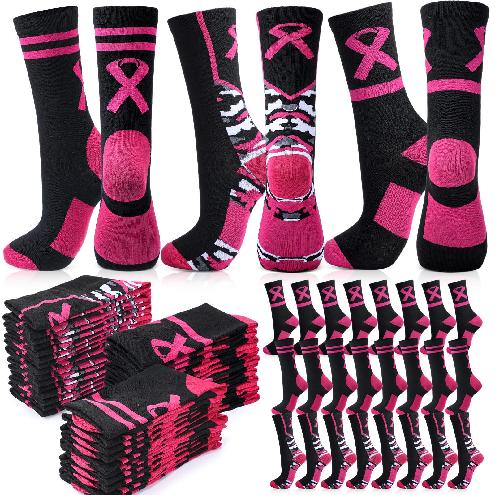 Photo 1 of Haysandy 24 Pairs Breast Cancer Awareness Socks Bulk Soft Pink Ribbon Football Socks for Women Softball Volleyball (Simple Style)