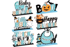 Quzzil 6 Pcs Halloween Decorations Halloween Table Centerpiece Wooden Trick or Treat Table Decor Pumpkin Ghost Table Toppers for Kids Halloween Blue Baby Shower Party Supplies