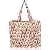 Third Eye Export 100% Cotton Quilted Tote Bag 18x16– Large Zipper Beach Bag & Travel Bag Green Purse Reusable Grocery Bags