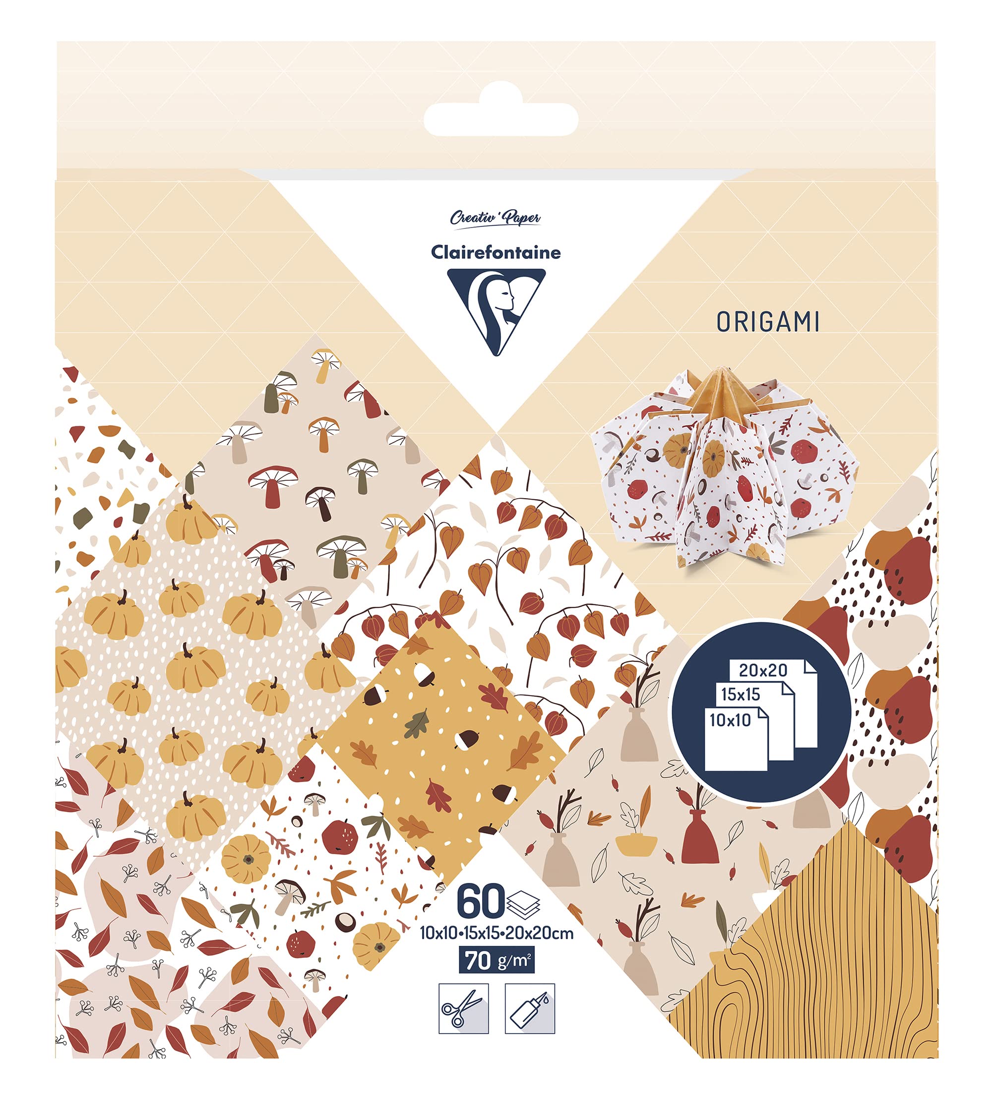 Clairefontaine 95379C 60 Sheets of Origami Paper Autumn Case 70gsm 3 Sizes 10x10cm 15x15cm 20x20cm 10 Ast Coloured designs 2 Sheets per Size Creative Leisure