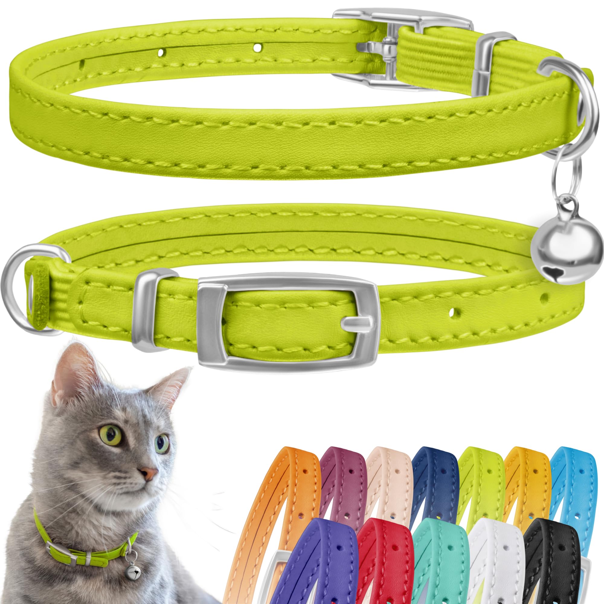 CollarDirect Leather Cat Collar with Removable Bell – Safety Kitten Collar with Elastic Strap (Lime Green, 15-18 cm) — image 1