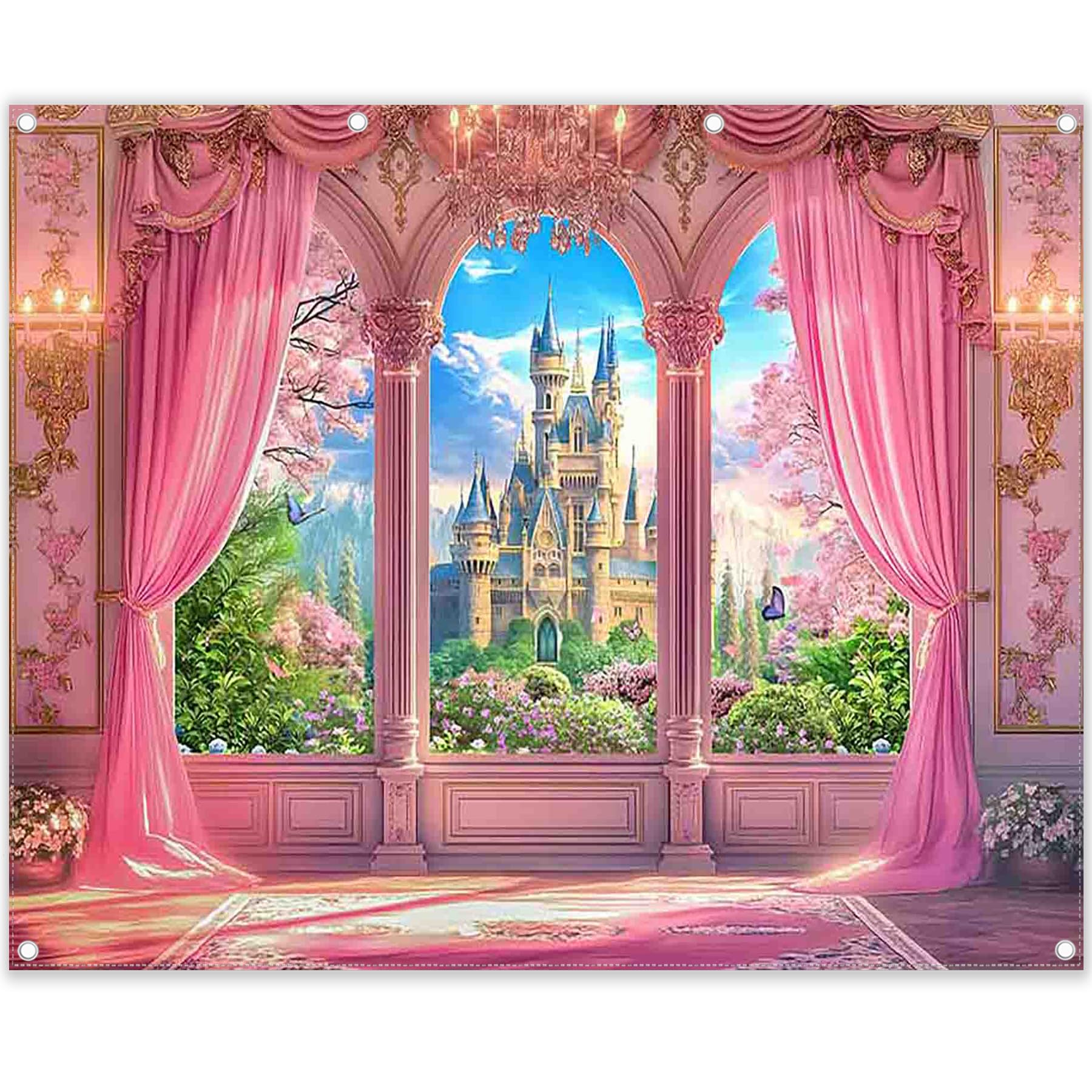 Photo 1 of Yriujul Fabric 10x8ft Pink Curtains Castle Photography Backdrop Window Room Floral Fairy Tale Background Girls Party Decorations Photo Booth Banner Tapestry