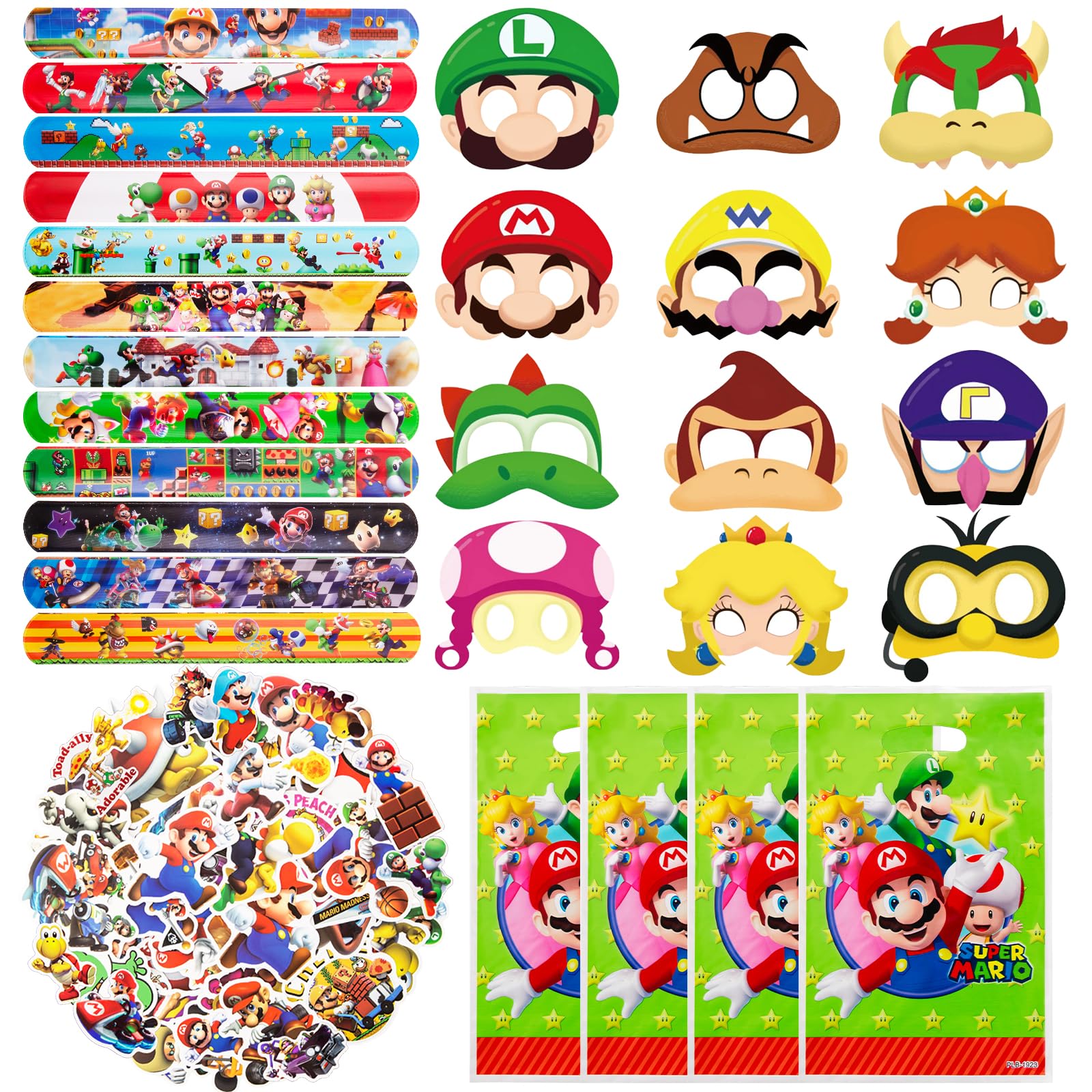 Chukua Ma-rio Party Bag Fillers, 50Pcs Super Stickers for Children, 12Pcs Snap Slap Bands, 10Pcs Party Bags, 12Pcs Masks for Kids Party, Party Supplies Kids' Party Favours