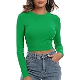 Artfish Women's Round Neck Long Sleeve Knit Ribbed Fitted Crop Top Casual Basic Shirts