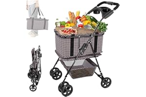 2-in1 Folding Shopping Grocery Cart Shopping Bag, 75Lbs Multifunctional Portable Collapsible Utility Cart with Removable Bask