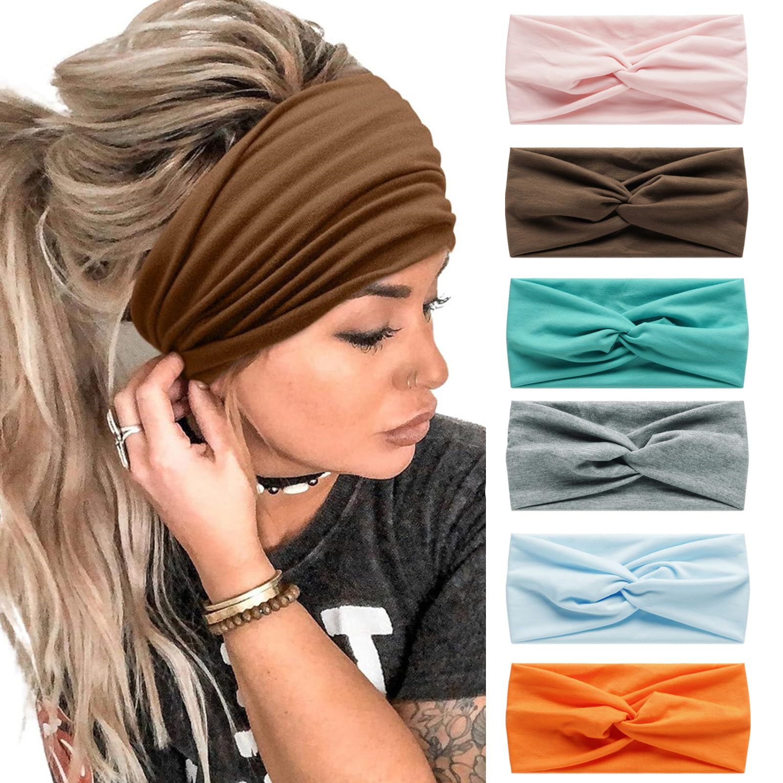 6Pcs Bandana Headbands for Women Wide Wavy Headscarf Boho Head Scarfs Wraps Turban Fabric Elastic Headband Yoga Hairbands Sport Running Headscarves — image 1