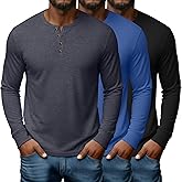 Ficerd 3 Pack Men's Henley Shirts Long Sleeve T-Shirt Basic Lightweight Button Tees Layer Casual Stretch Tops