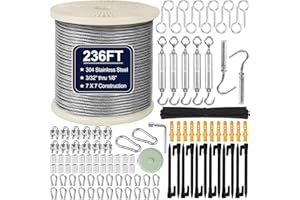 phepetroll 1/8" Wire Rope Kit 236FT Stainless Steel Aircraft Cable with M5 Turnbuckles, 7x7 Strand Core Vinyl Coated Guy Wire Tensioner Kit for Garden String Light, Pictuer, Clothes, Curtain Hanging