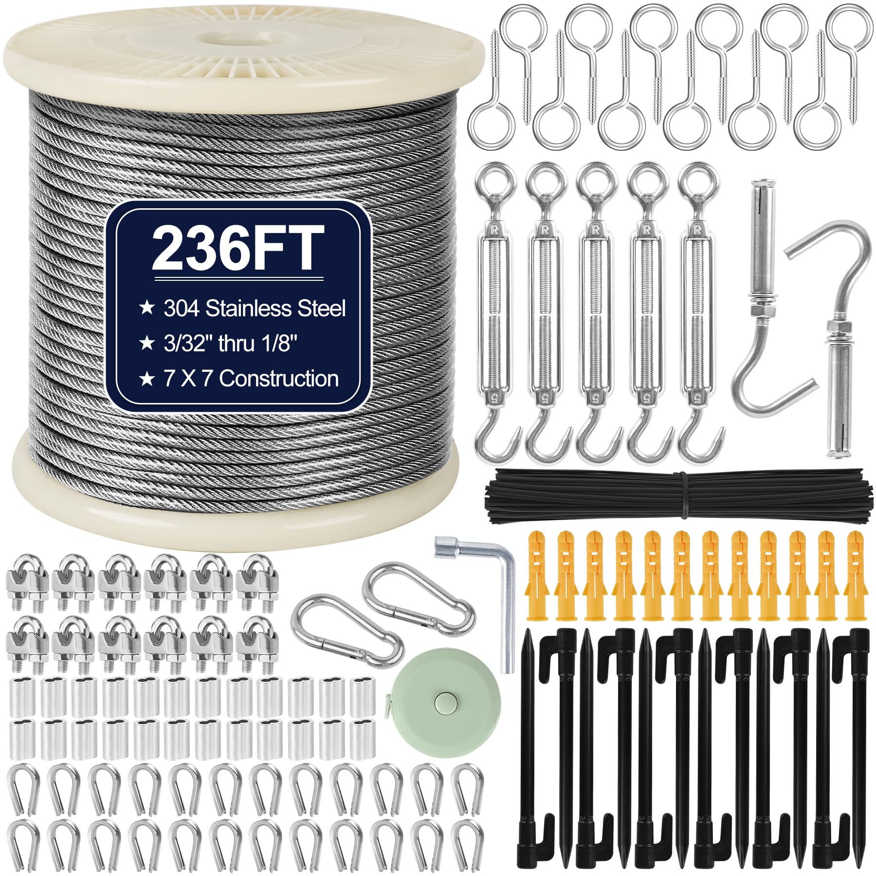 Photo 1 of phepetroll 1/8" Wire Rope Kit 236FT Stainless Steel Aircraft Cable with M5 Turnbuckles, 7x7 Strand Core Vinyl Coated Guy Wire Tensioner Kit for Garden String Light, Pictuer, Clothes, Curtain Hanging