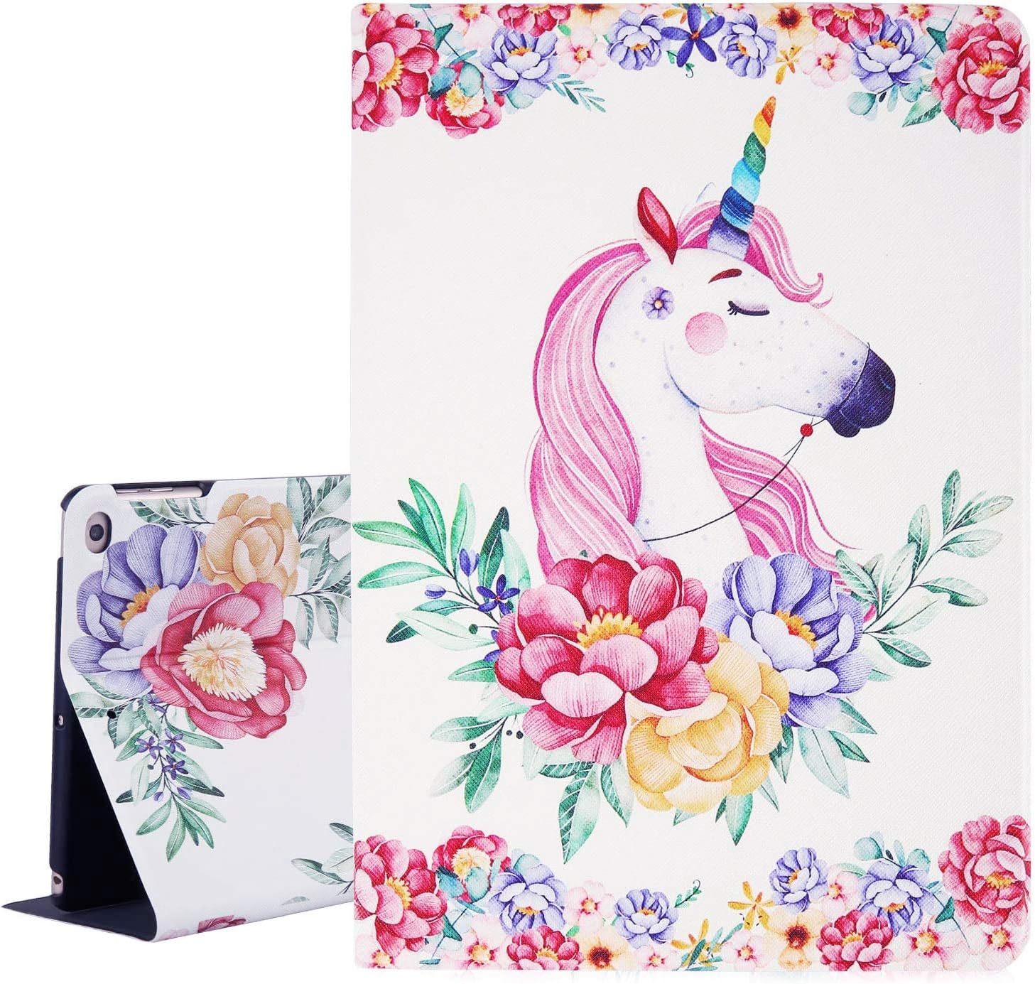 Hi Space Unicorn iPad 9.7 Case, Rose Flower iPad Air 9.7 Case, White Folio Stand Smart Case Cover for iPad Air 1/2 5th/6th Gen 2017/2018 Auto Sleep Wakeup
