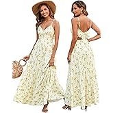 HTZMO Women Casual Summer Floral Maxi Sundress V Neck Spaghetti Strap Bow Tie Backless Flowy Boho Beach Long Dress 2026