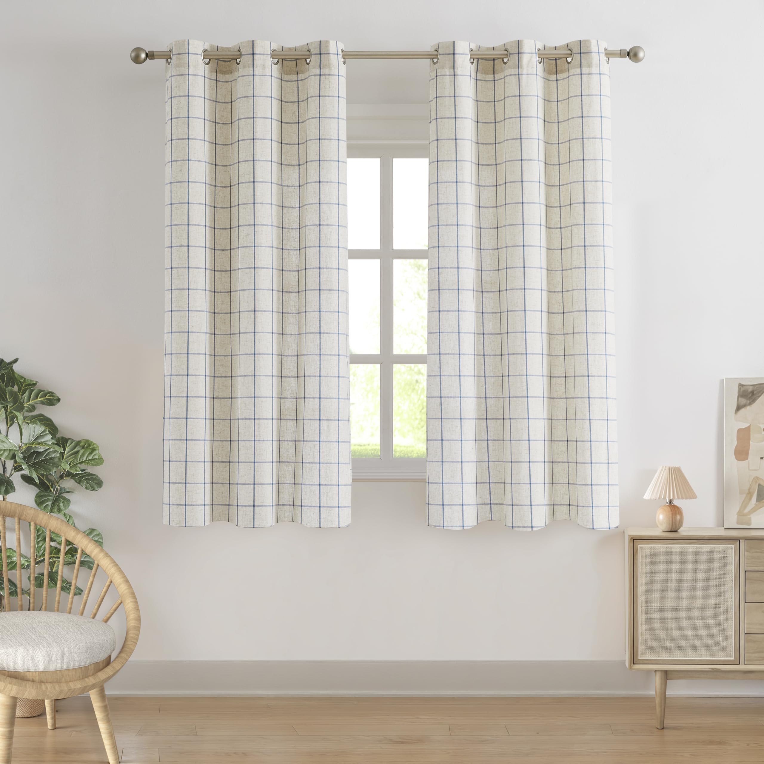 Photo 1 of Bapawfish Short Buffalo Plaid Light Filteirng Curtain Panels 63 Inch,Woven Dusty Blue Stripes on Beige Linen Blended Fabric,Farmhouse Window Treatment,Grommet Top,40" Wx63 Lx2