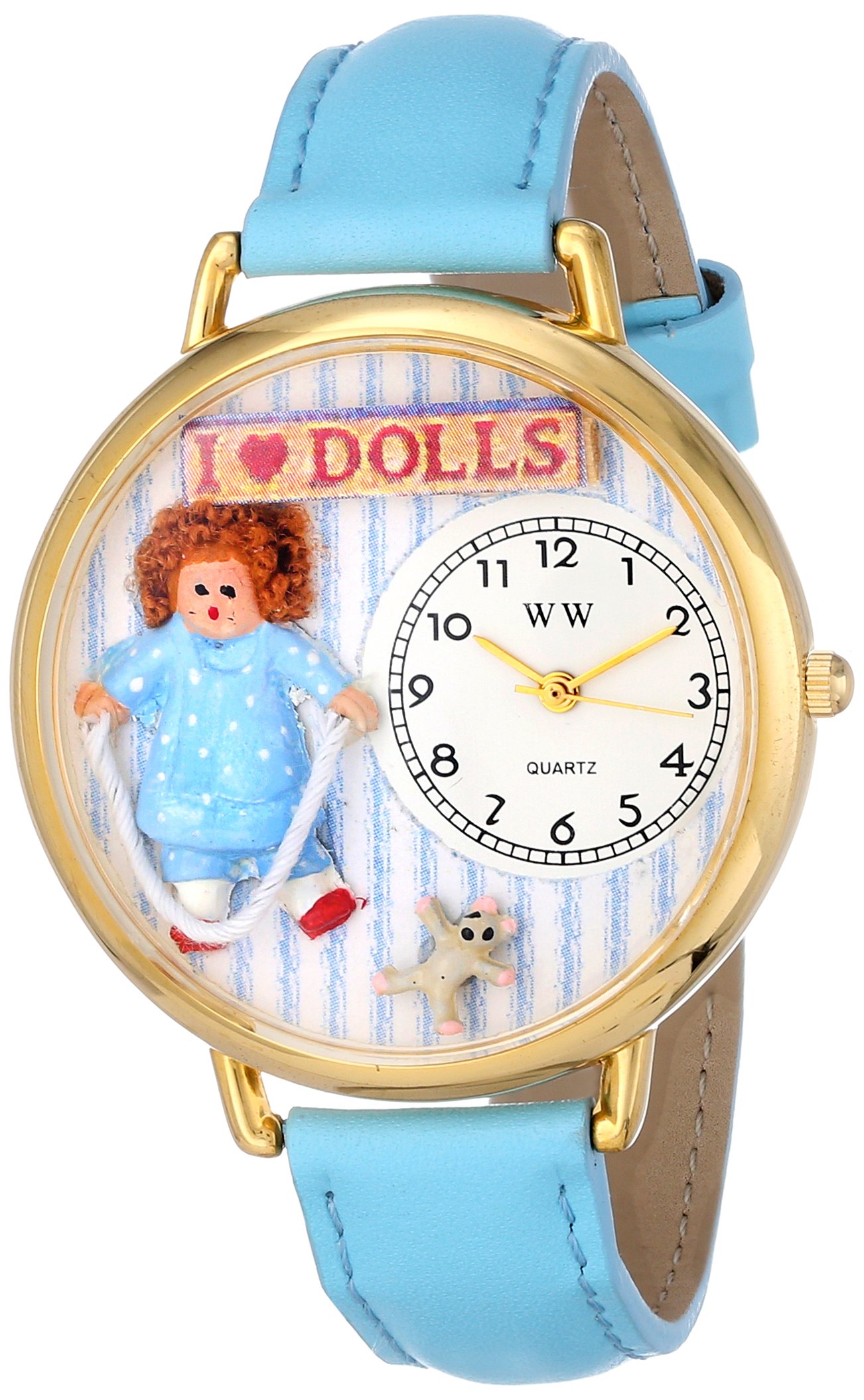 Whimsical Watches Doll Lover Baby Blue Leather and Goldtone Unisex Quartz Watch with White Dial Analogue Display and Multicolour Leather Strap G-0220001