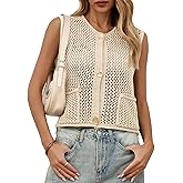 Saodimallsu Womens Crochet Sweater Vest Button Down Sleeveless Crew Neck Boho Knit Crop Tank Tops Summer Cardigans