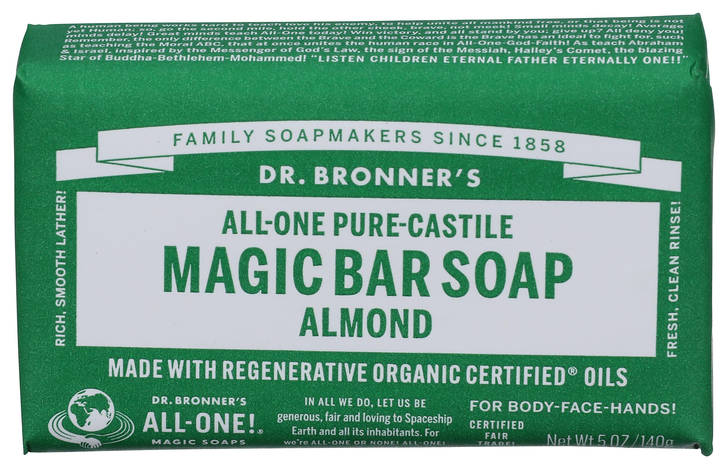 Dr Bronner's 3-in-1 Almond Pure Castile Bar Soap, Made with Organic Oils, Used for Face, Body and Hair, Certified Fair Trade & Vegan Friendly, 140g Bar