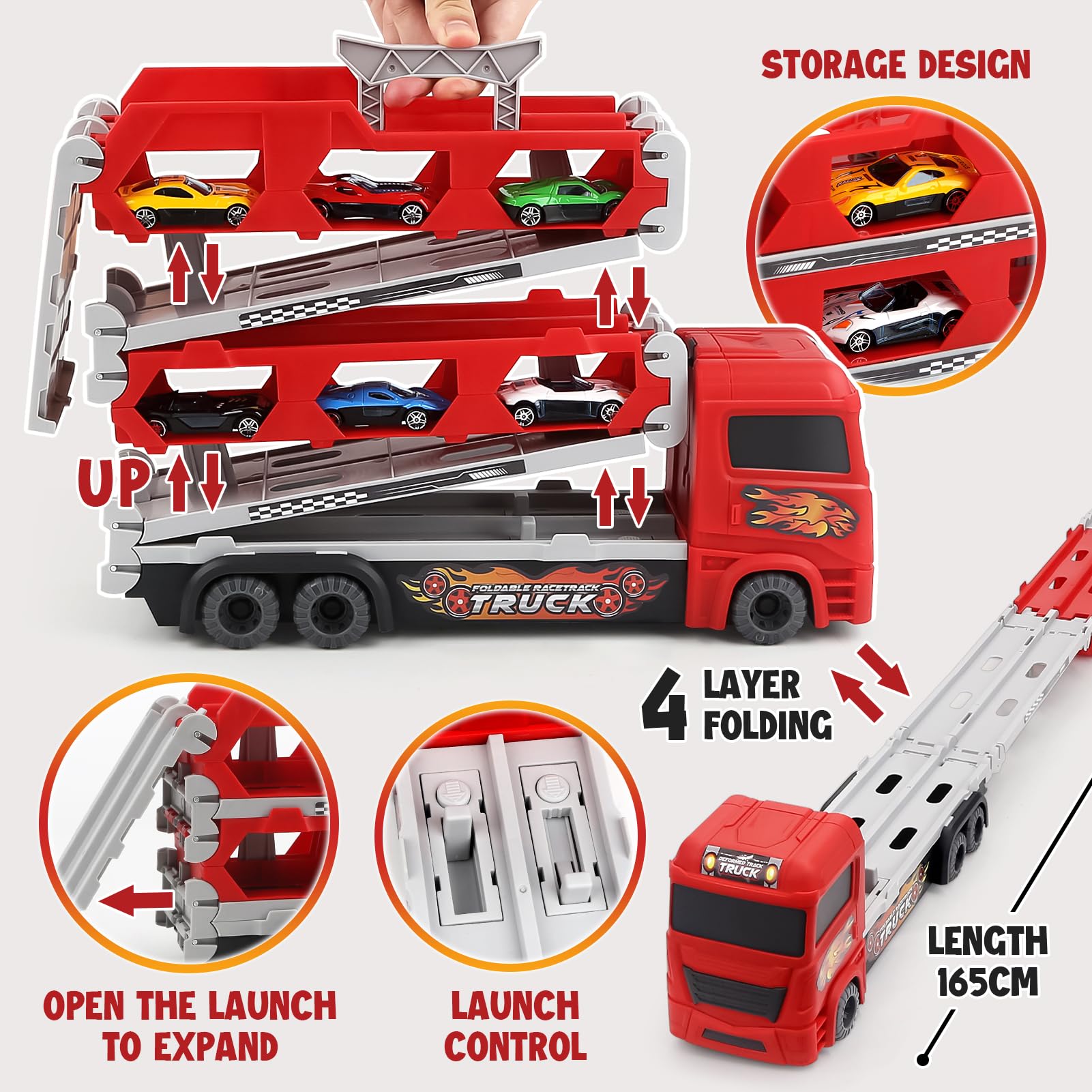Aoskie Transport Truck Spielzeugautos für Jungen im Alter von 3, 4, 5, 6 Jahren, tragbares Rennbahn Truck Spielzeugauto mit 6 Rennautos, Transporter Fahrzeug Spielzeug Set für Kinder 4
