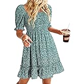 Dokotoo Womens Casual Summer Dresses Short Sleeve Square Neck Smocked Boho Floral Sundress Flowy A-Line Mini Dress