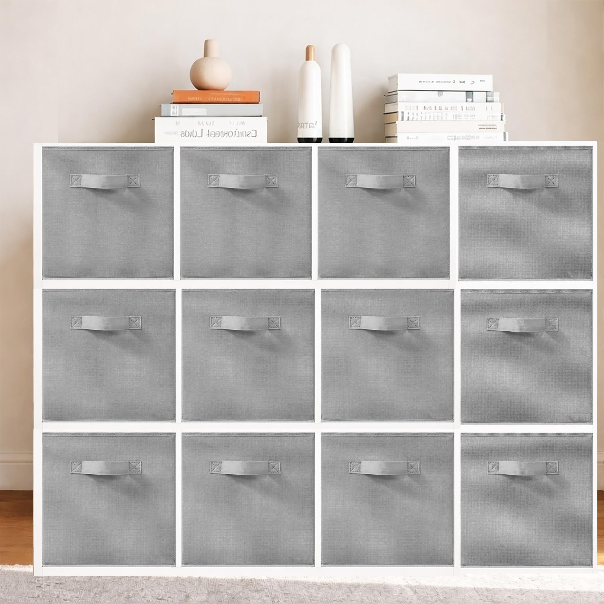 Photo 1 of 11 Inch Fabric Storage Bins, Storage Cubes, Collapsible Cube Storage Box, Fabric Closet Organizers with Handle for Home, Office, Shelf, Closets, Bedroom, Living Room, Grey, 12 Pack