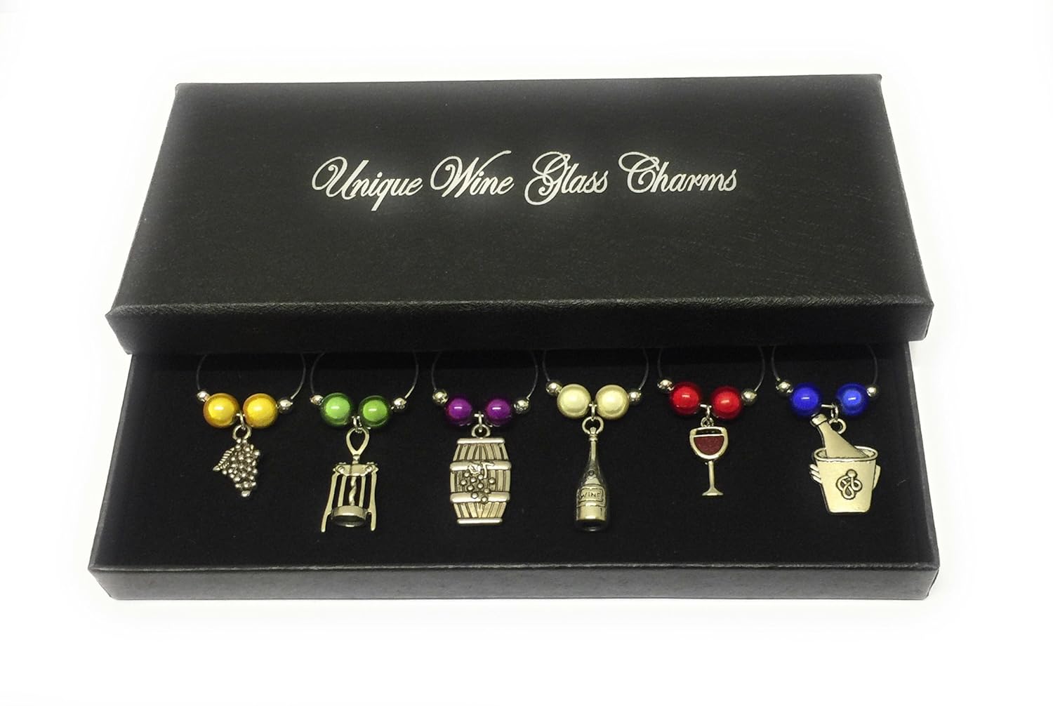 Set of 6 Handmade Wine Lovers Wine Glass Charms with Gift Box by Libby