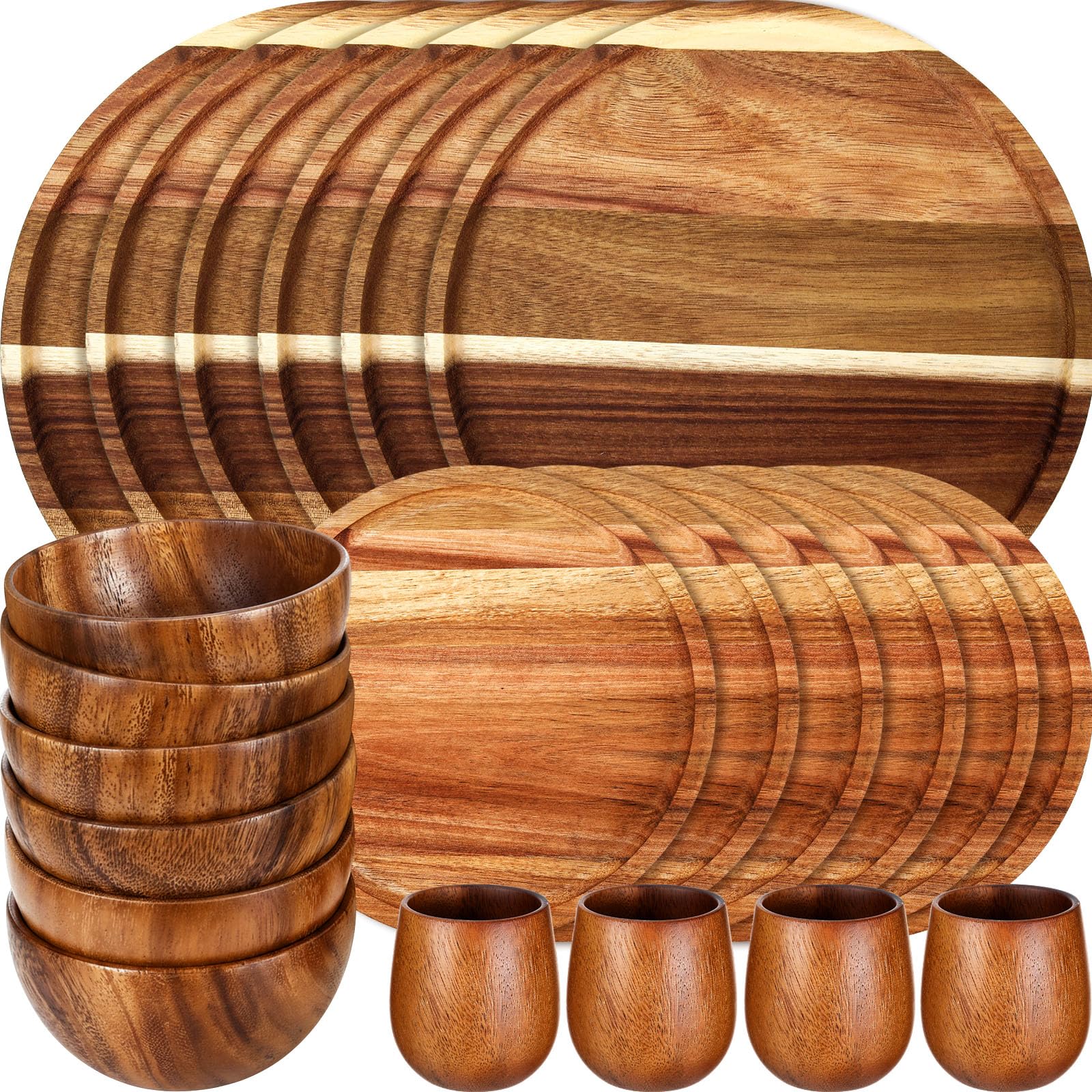 Photo 1 of Maxdot 24 Pcs Acacia Wood Dinnerware Set, Round Wooden Plates, Solid Wooden Bowls and Tea Cups, Acacia Wood Tableware Supplies, Lightweight for Dishes Snack, Dessert, Set for 4