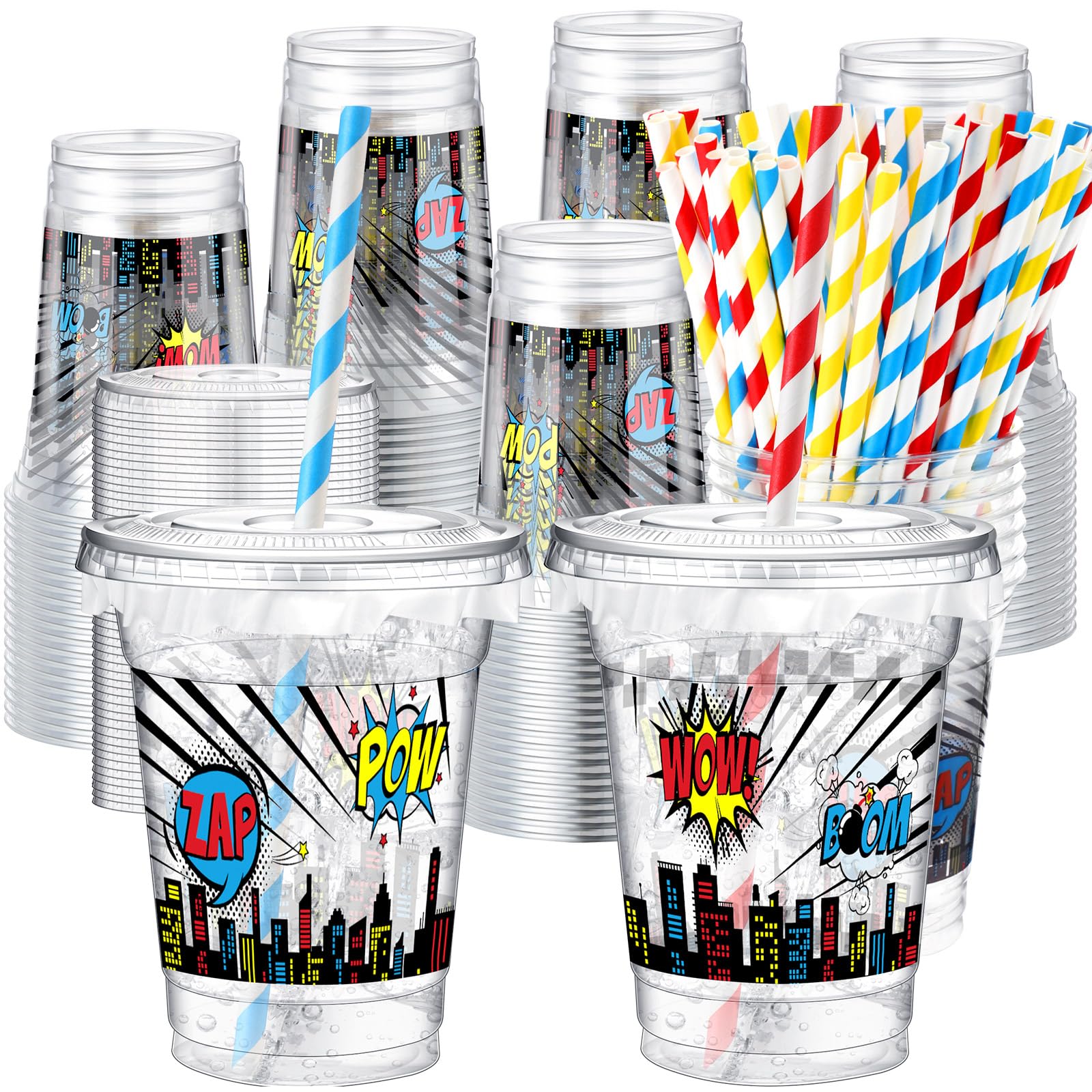 Photo 1 of Teenyyou 50 Pcs 12 oz Disposable Plastic Cups with Straws, Lids and Leakproof Paper Clear Birthday Party Cups Supplies Birthday Table Decorations(Hero,Multicolor)