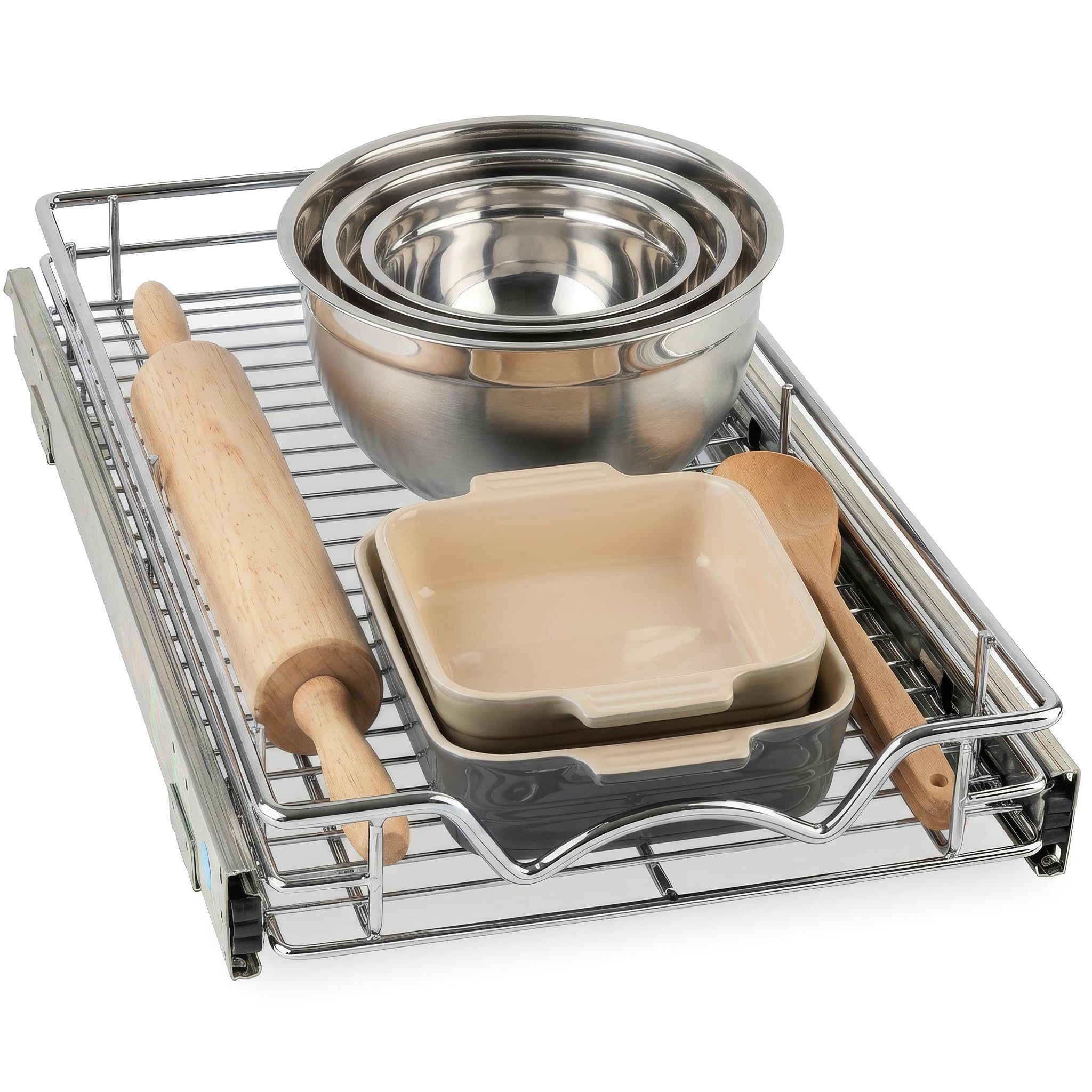 HOLDN’ STORAGE Pull Out Cabinet Organizer – Heavy Duty Anti Rust Slide Pull Out Drawers for Kitchen Cabinets – Chrome 11" W x 17" D x 3.15" H Requires at Least 12 ¼” Opening.