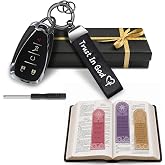 Christian Keychain with Cross Heart, Car Key Ring, Trust In God, Black | Faux leather key organizer with cross-heart design, gunmetal key ring, clip and swivel for car keys, house keys and key fobs