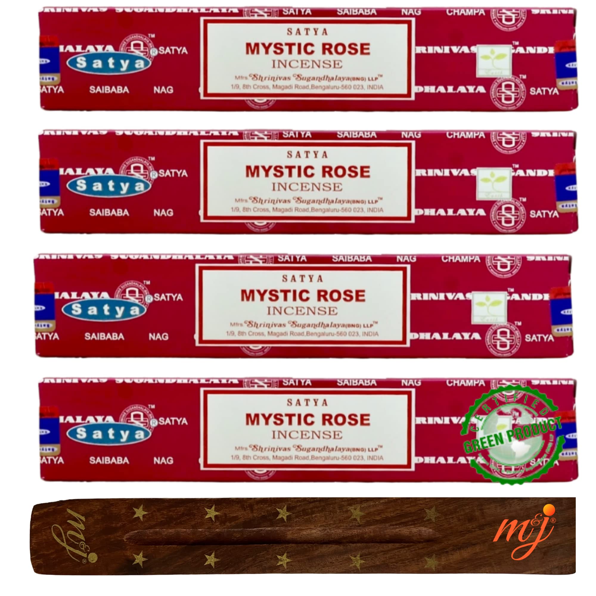 Original Satya Nag Champa Mystic Rose Incense Sticks | with M&J incense sticks holder | x4 pack | for Aromatherapy, Spa, Yoga, Weddings, Meditation, Healing, Positivity and Relaxation — image 1