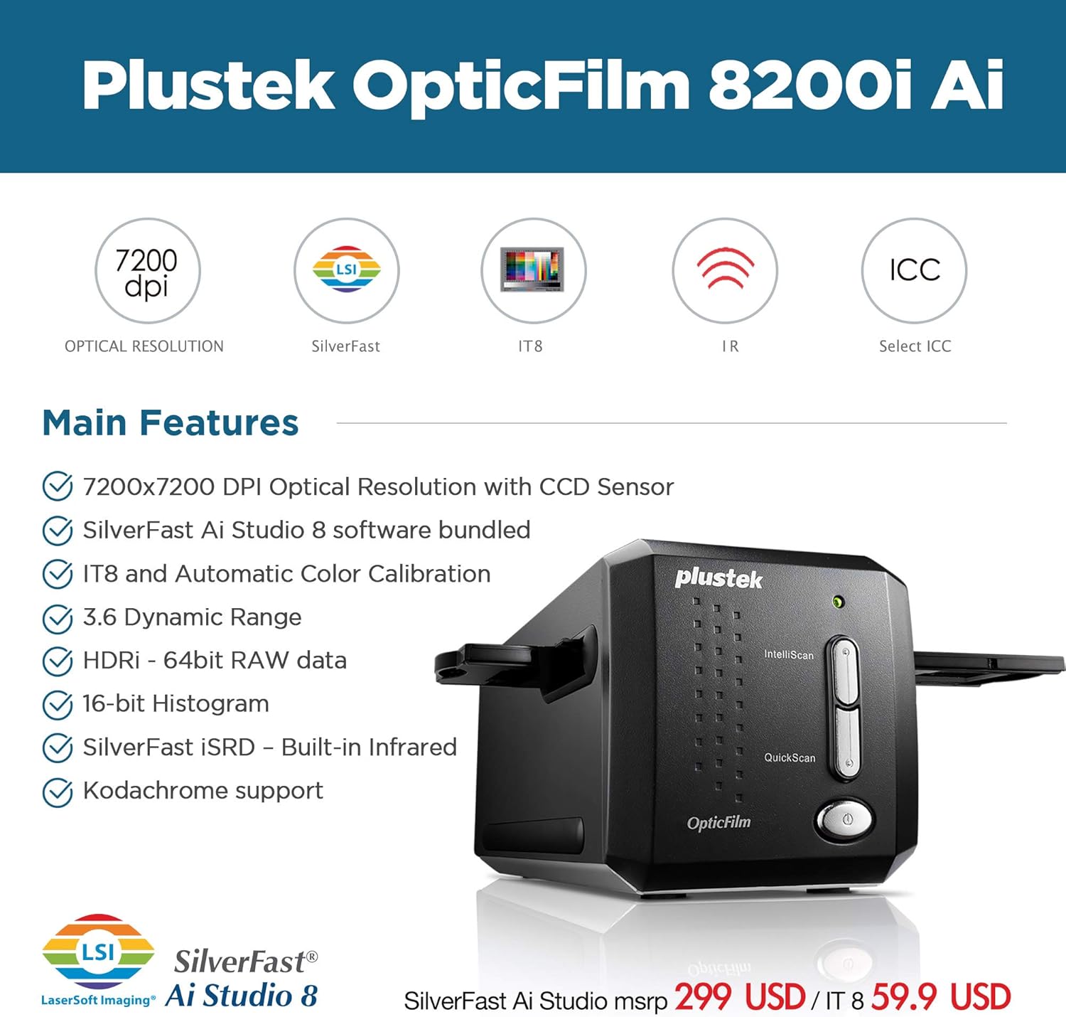 Plustek OpticFilm 8200i AI - 35mm Film & Slides Scanner. IT 8 Calibration Target + SilverFast Ai Studio 8.8, 7200 dpi Resolution 64Bit HDRi , Mac/PC: Electronics