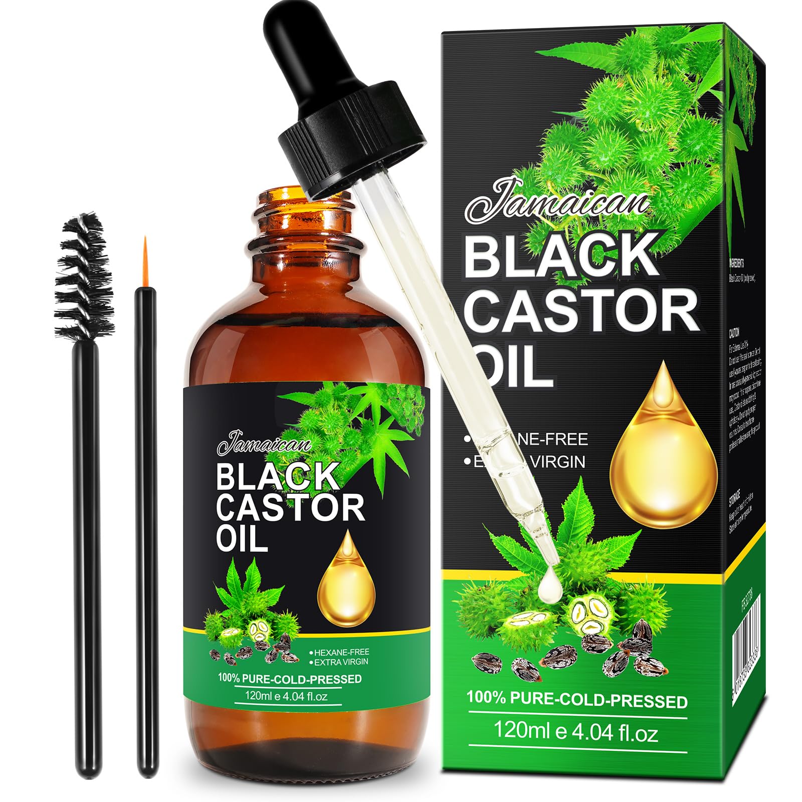Jamaican Black Castor Oil, Organic Castor Oil 100% Pure Cold Pressed Body Massage Black Castor Oil Essential Oils for Body Face & Skin, Eyebrows Growth, Hair Nourishing, Skin Moisturizer, 120ml