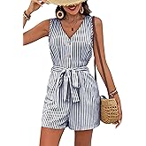 Women Summer Rompers Sleeveless V Neck Button Down Linen Jumpsuit Shorts Beach Striped Rompers with Belt
