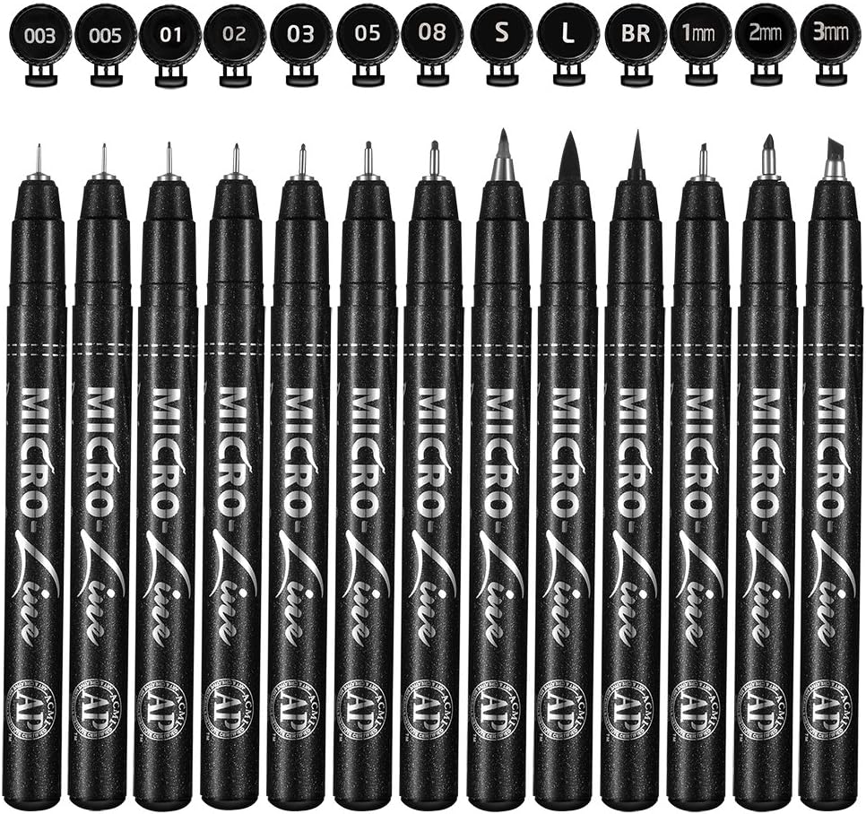 Micro-Line Ultra Fine Point Fineliner Ink Pens - Black Waterproof Archival ink Liner Pens, Artist Illustration, Office Documents, Scrapbooking, Technical Drawing, Manga, Sketching, 13/Set