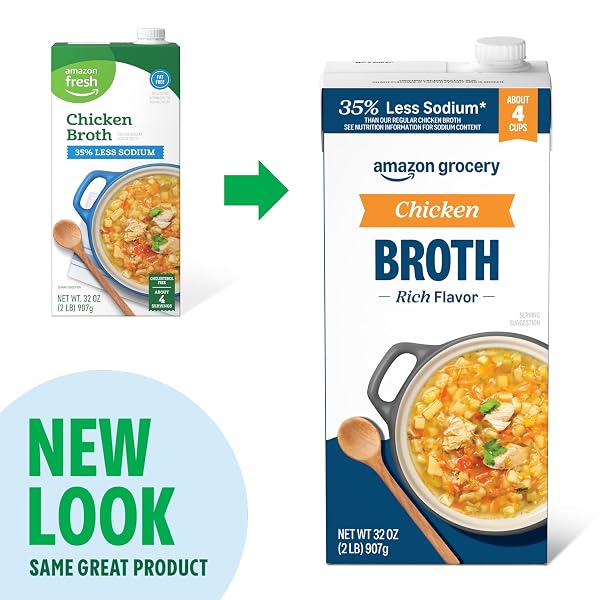 AMAZON GROCERY, CHICKEN BROTH, 35% LESS SODIUM, 32 OZ