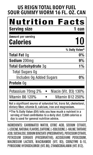 REIGN TOTAL BODY FUEL, SOUR GUMMY WORM, FITNESS & PERFORMANCE DRINK, 16 FL OZ (PACK OF 12)