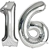 FIROMI 16 Number Balloons Silver Big Giant Jumbo Huge Foil Mylar 16 Balloon Numbers for 16th Birthday Party Anniversary Events Decorations 40-inches