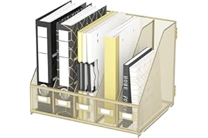 DALTACK Desk Organizers Magazine Binder Folder Holder with 5 Vertical Compartments File Organizer for Office Home School Organization, Metal Mesh, Golden Yellow