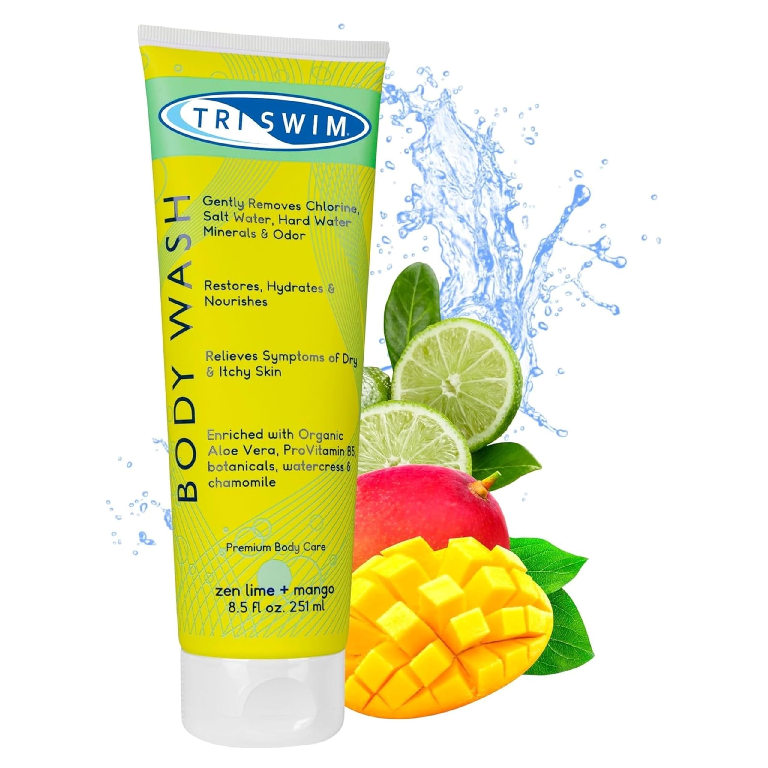 TRISWIM - Chlorine Removal Body Wash, After Swim Care Shower Foam, Moisturizing Anti Chlorine Bath for Swimmers, Shower Gel for Women and Men - Lime and Mango (250 ml)