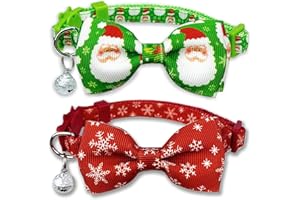 Pohshido Christmas Holiday Cat Collar with Bow tie and Bell, Winter Breakaway Kitty Kitten 2 Pack for Boy Girl
