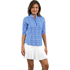 IBKUL UPF 50+ Sun Protection, Icefil Cooling, Moisture - Amani Ruched Elbow Sleeve Mandarin Collar Top